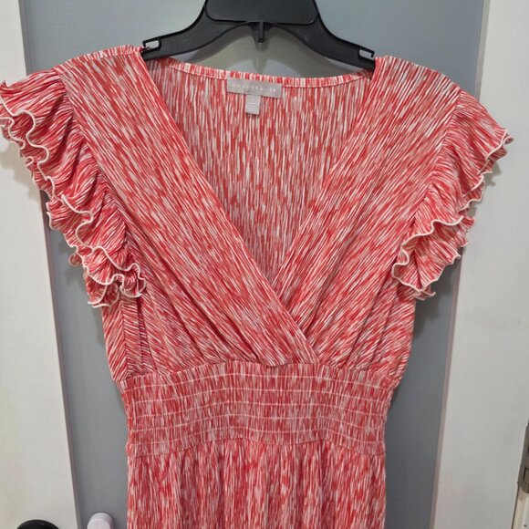 Chelsea 28 Red White Smocked Midi Dress Size M Ruffle Sleeve Boho Summer Casual - Picture 2 of 9